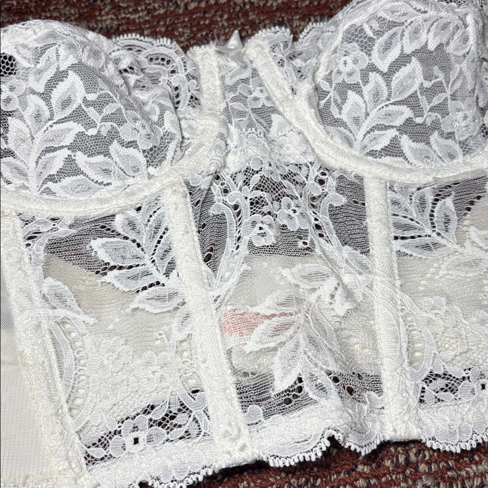 Fleur De Lace cream eyelet lace bustier sheer delicate lace vintage bra 36A - Picture 7 of 16